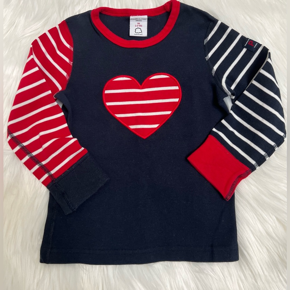 Polarn O. Pyret Navy and Red Heart Stripe Long Sleeve Tee